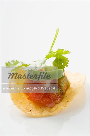 Salsa auf Tortilla Chip (Nahaufnahme)