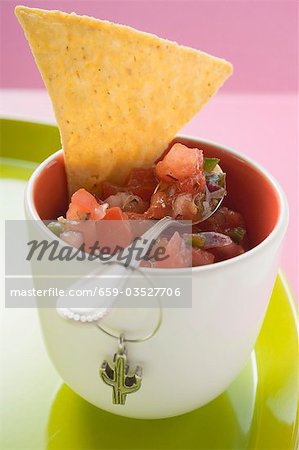 Tomato salsa in pot with spoon and nacho (Mexico)