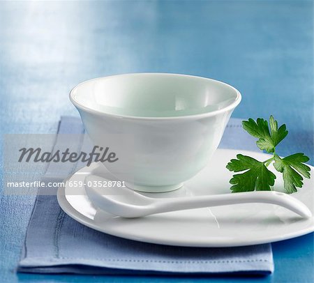 White porcelain bowl on plate with spoon and parsley