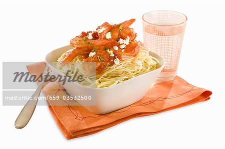 Bowl of Pasta with Shrimp on a Napkin
