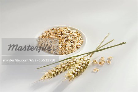 Wheat flakes in small dish, ears of wheat beside it Wheat flakes in small dish, ears of wheat beside it
