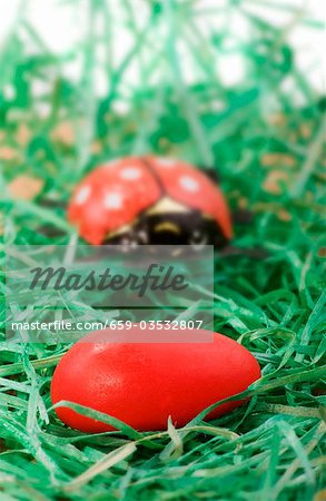 Rote Zucker Ei und Marienkäfer im Osternest