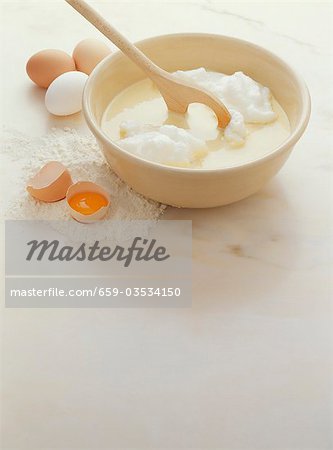 Making Emperor's pancake mixture: folding in beaten egg white