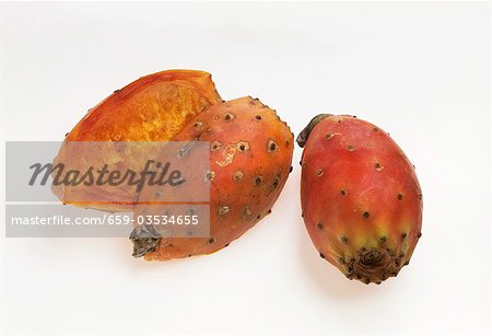 Whole and halved prickly pears