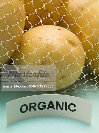 Organic potatoes in a net bag (close-up)