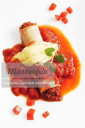 Cannelloni avec remplissage de viande hachée, sauce tomate & fromage fondu Cannelloni avec remplissage de viande hachée, sauce tomate & fromage fondu