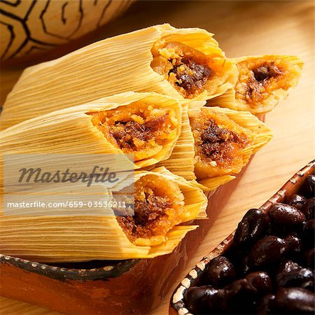 Mini Beef Tamales in Corn Husks; Black Beans