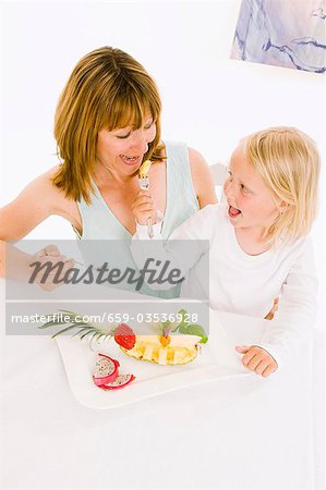 Mutter und Tochter Essen Obst Teller