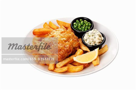 Fish and chips with tartare sauce and peas