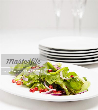 Salade de légumes verts avec des oignons et des graines de Grenade