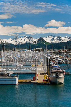 Vue panoramique sur le port de plaisance de petit Homer avec les montagnes de Kenai en arrière-plan, centre-sud de l'Alaska