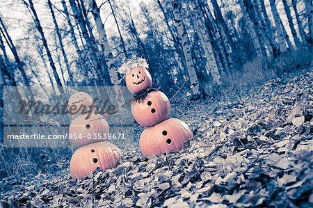 Two Jack-O-Lantern people standing in forest. One with Fireweed flowers for hair, a leaf necklace, and leaves on the ground during Fall in Anchorage Alaska.
