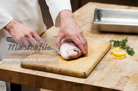 Männlichen Chef Zubereitung von Fischen in die gewerbliche Küche