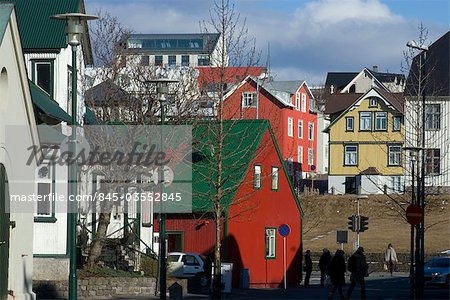 Coloured corrugated iron houses, looking up from the city centre (101) up the hill, Reykjavik, Iceland