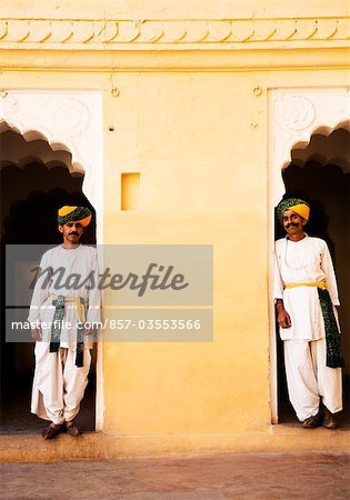 Two men standing in a fort, Meherangarh Fort, Jodhpur, Rajasthan, India