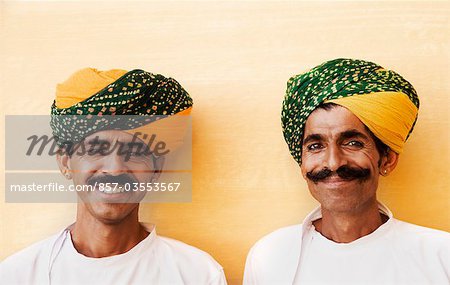 Portrait of two men smiling in a fort, Meherangarh Fort, Jodhpur, Rajasthan, India