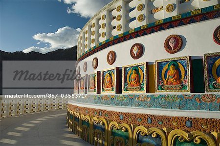 Carvings on the wall of a stupa, Shanti Stupa, Leh, Ladakh, Jammu and Kashmir, India