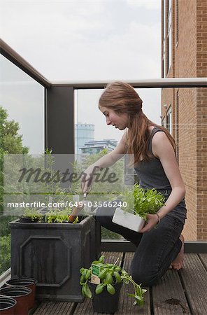 Young woman gardening on balcony