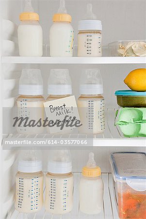 Bottles of breast milk in refrigerator