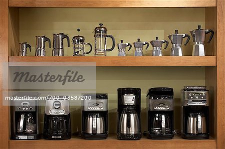 Variety of Coffee Pots and Presses on Shelf