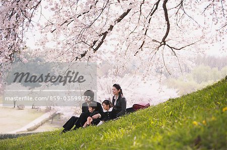 Parents avec leurs enfants assis dans le parc