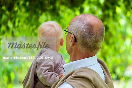Grandfather carrying toddler outdoors, rear view