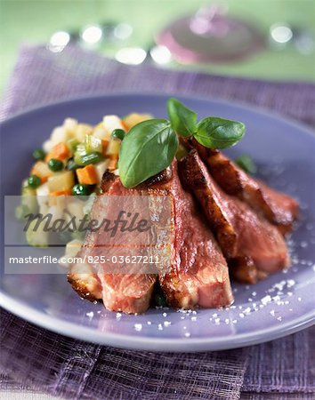 Duck magret with diced vegetables