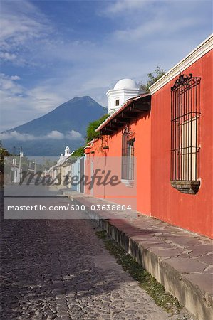 Street and Volcan de Agua, Antigua, Sacatepequez Department, Guatemala