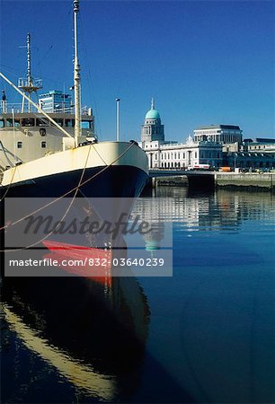 Guinness Boat, Custom House, River Liffey, Dublin, Co Dublin, Ireland; Ships Used To Transport Stout With An 18Th Century Government Building In The Background