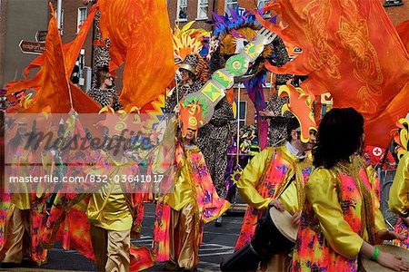 Dublin, Ireland; People In Costumes In A Parade On O'connell Street