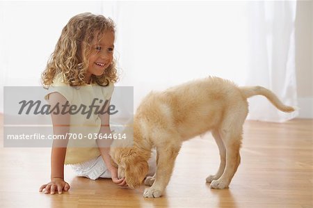 Little Girl With Goldendoodle Puppy