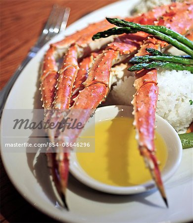 Close up of Bering Sea King Crab Legs at the Glacier Brewhouse restaurant in Downtown Anchorage, Southcental Alaska, Summer/n