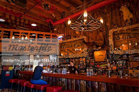 Tourist sits at the bar of the Red Dog Saloon in Juneau, Southeast Alaska, Summer