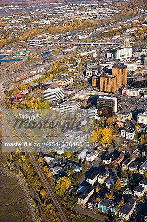 Aerial view of downtown Anchorage during Fall, Southcentral Alaska