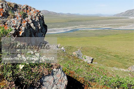 A rocky crag covered with lichen and wildflowers overlooks the Kongakut River and tundra at Caribou Pass, ANWR, Arctic Alaska, Summer