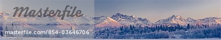 Panoramic view of the sunset casting a pink glow over the Chugach Mountains, Anchorage, Southcentral Alaska, Winter