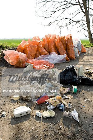 Trash dumped outdoors, full bags of trash in background result of cleanup effort