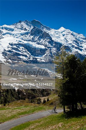 Cycliste sur route, la région de la Jungfrau, Alpes bernoises, Suisse
