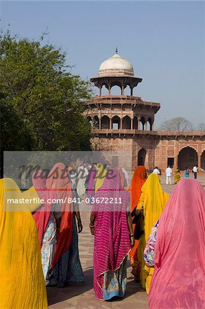 Indian women in brightly coloured saris at the Taj Mahal, Agra, Uttar Pradesh, India, Asia