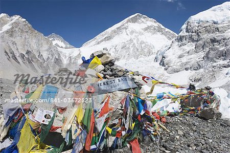 Prayer flags at the Everest Base Camp sign, Solu Khumbu Everest Region, Sagarmatha National Park, Himalayas, Nepal, Asia