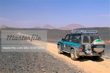 Jeep driving on stone desert, Akakus, Sahara desert, Fezzan, Libya, North Africa, Africa