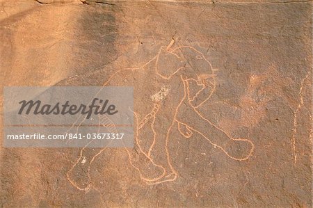 Éléphant, primitive rock sculpture, Akakus, Sahara desert, Fezzan (Libye), l'Afrique du Nord, Afrique