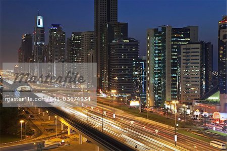 Elevated view over the modern skyscrapers along Sheikh Zayed Road looking towards the Burj Kalifa, Dubai, United Arab Emirates, Middle East