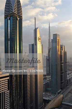 Elevated view over the modern skyscrapers along Sheikh Zayed Road looking towards the Burj Kalifa, Dubai, United Arab Emirates, Middle East