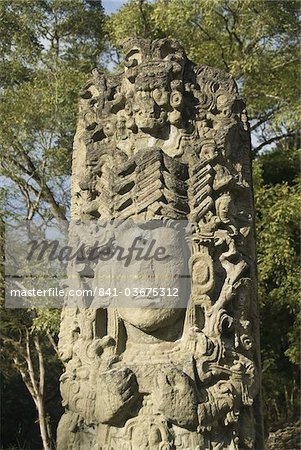 Stela A dating from 731 AD, Copan Archaeological Park, UNESCO World Heritage Site, Copan, Honduras, Central America