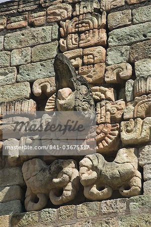 Stone sculpture of Mayan god, Ball Court, Copan Archaeological Park, UNESCO World Heritage Site, Copan, Honduras, Central America