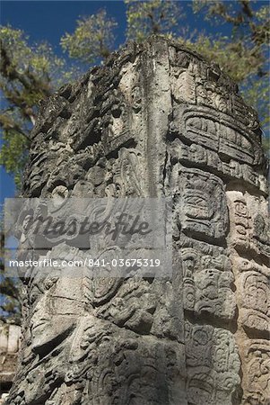Glyphes mayas du côté de Stela P, Cour Ouest, parc archéologique de Copan, patrimoine mondial de l'UNESCO, Copan, au Honduras, Amérique centrale