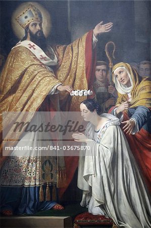 Painting of Saint Medard crowning a young virtuous girl by Louis Dupre, dating from 1837, Saint-Medard church, Paris, France, Europe