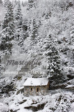 Snowed covered Notre-Dame de la Gorge chapel, Les Contamines, Haute-Savoie, France, Europe