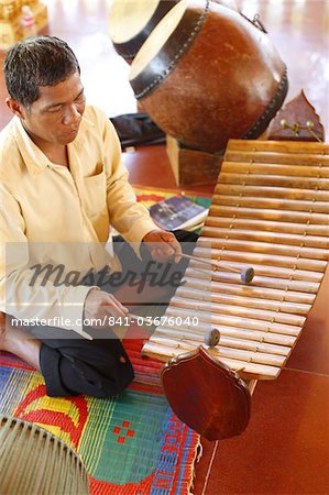 Gamelan instruments in a Cambodian pagoda, Siem Reap, Cambodia, Indochina, Southeast Asia, Asia